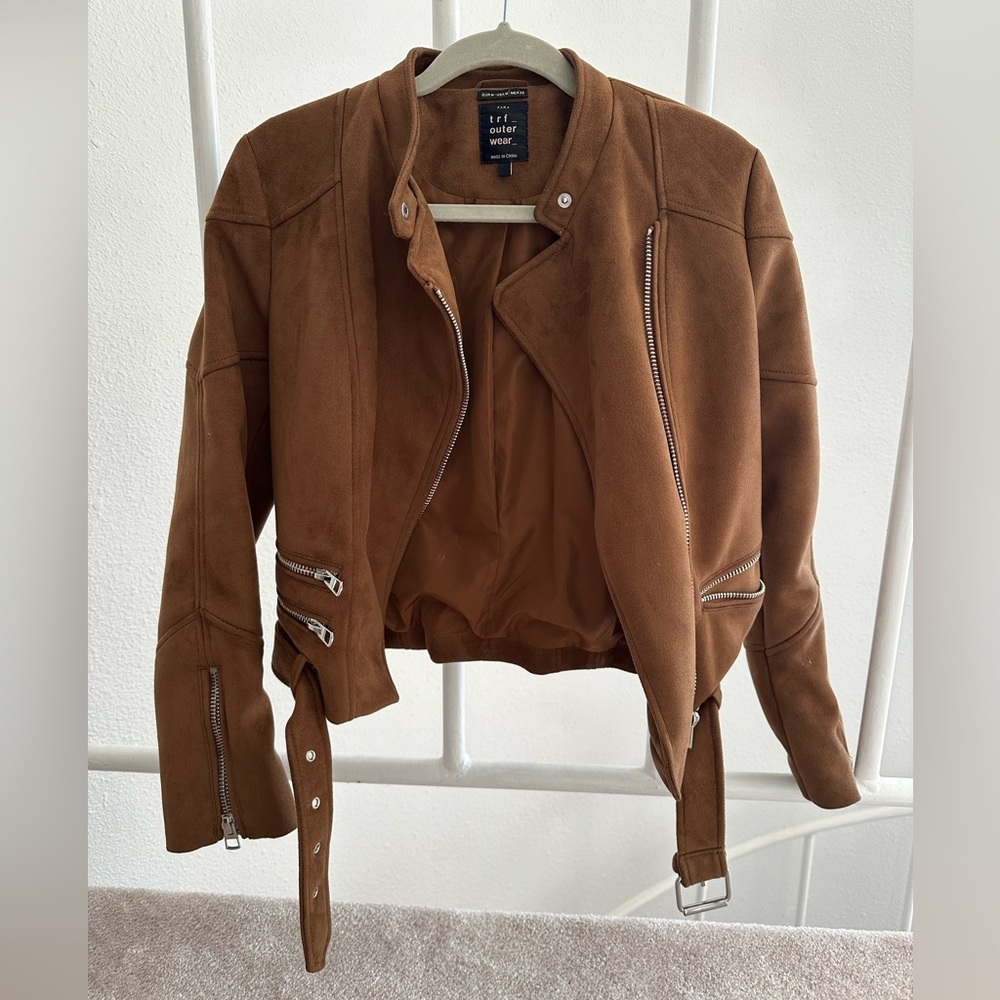 Zara Brown Suede Silver Hardware Biker Jacket
